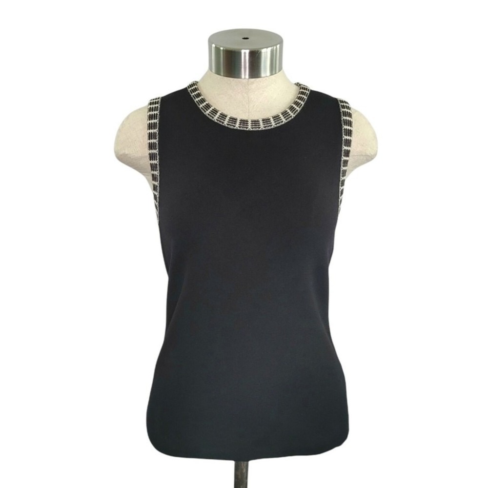 Kate Hill Women's Size XS Black Thick Knit Sleeveless Top w/ White Crochet Trim